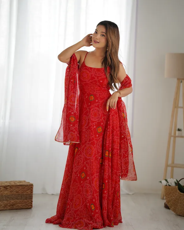 Red_Bandhej_Chiffon_Fully_Flared_Anarkali_Gown_with_Dupatta_&_Pant_|_Summer_Festive_Wear