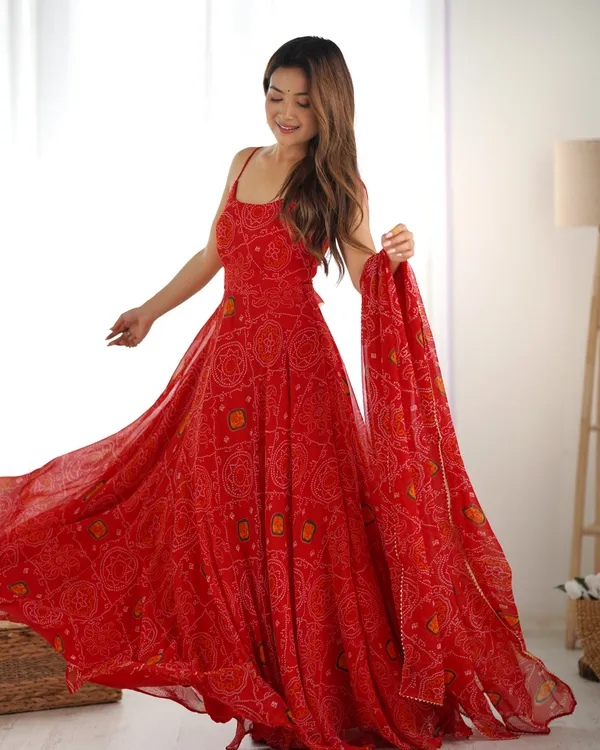 Red_Bandhej_Chiffon_Fully_Flared_Anarkali_Gown_with_Dupatta_&_Pant_|_Summer_Festive_Wear