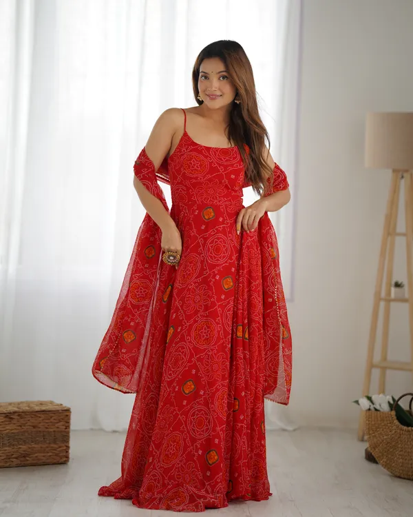 Red_Bandhej_Chiffon_Fully_Flared_Anarkali_Gown_with_Dupatta_&_Pant_|_Summer_Festive_Wear