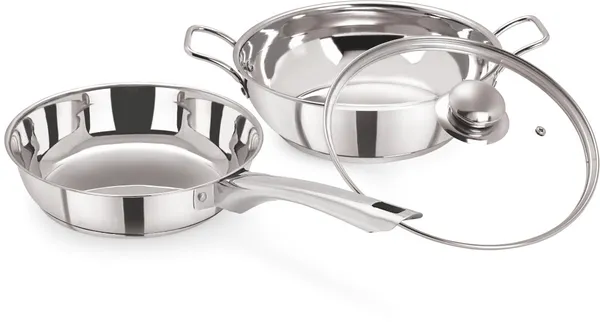 Stainless_Steel_nduction_Compatible_Sandwich_Base_Cookware_Set|_Fry_Pan_&_Kadai_With_Glass_Lid_22Cm/2L_(3_Pieces,_Silver)