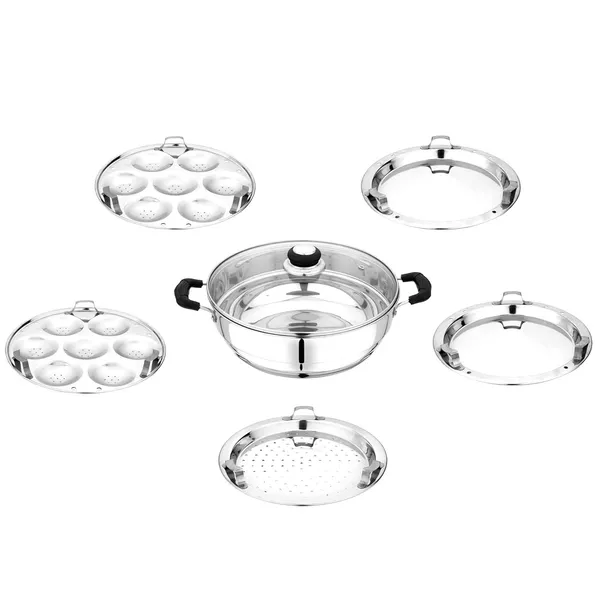 Stainless_Steel_Induction_Compatible_Sandwich_Base_Multi_Purpose_Kadai_With_Glass_Lid_And_5_Plates,_27_Cm,_Silver