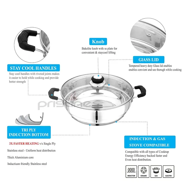 Stainless_Steel_Induction_Compatible_Sandwich_Base_Multi_Purpose_Kadai_With_Glass_Lid_And_5_Plates,_27_Cm,_Silver