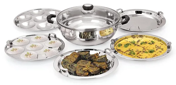 Stainless_Steel_Induction_Compatible_Sandwich_Base_Multi_Purpose_Kadai_With_Glass_Lid_And_5_Plates,_27_Cm,_Silver