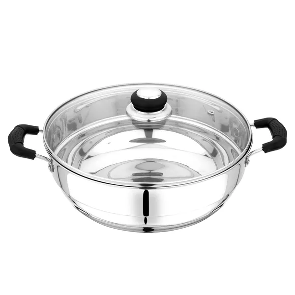 Stainless_Steel_Induction_Compatible_Sandwich_Base_Multi_Purpose_Kadai_With_Glass_Lid_And_5_Plates,_27_Cm,_Silver