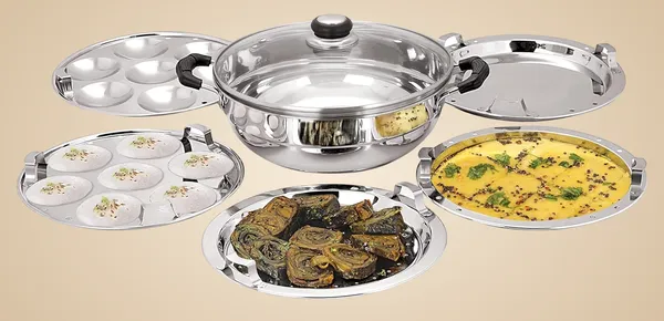 Stainless_Steel_Induction_Compatible_Sandwich_Base_Multi_Purpose_Kadai_With_Glass_Lid_And_5_Plates,_27_Cm,_Silver