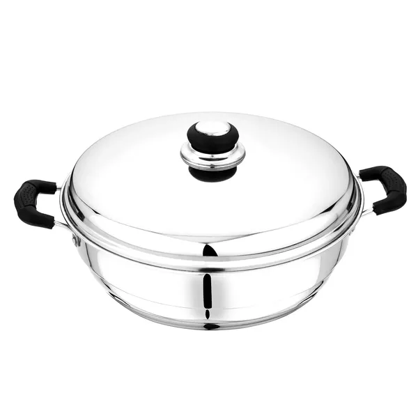 Stainless_Steel_Tri_Ply_Induction_Compatible_Base_Multi_Purpose_Kadai_With_Steel_Lid_&_5_Plates,_27_Cm_/_4.750Ltrs,_(2_Idli_Plates,_2_Dhokla,1_Patra_Plates),_Silver