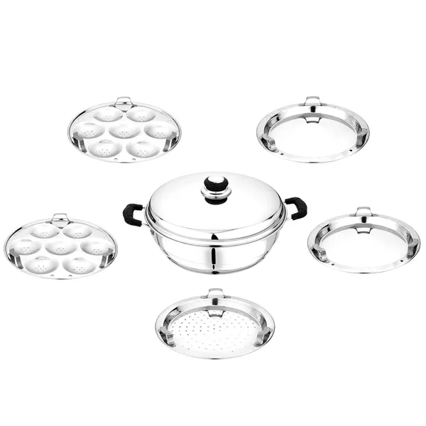 Stainless_Steel_Tri_Ply_Induction_Compatible_Base_Multi_Purpose_Kadai_With_Steel_Lid_&_5_Plates,_27_Cm_/_4.750Ltrs,_(2_Idli_Plates,_2_Dhokla,1_Patra_Plates),_Silver