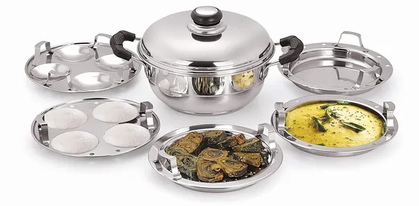 Stainless_Steel_Tri_Ply_Induction_Base_Multi_Purpose_Kadai_(20Cm)_With_Steel_Lid_And_2_Idli_Plates,_2_Dhokla_Plates,_1_Patra_Plate,_Pack,_Silver