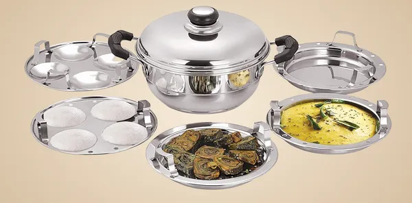 Stainless_Steel_Tri_Ply_Induction_Base_Multi_Purpose_Kadai_(20Cm)_With_Steel_Lid_And_2_Idli_Plates,_2_Dhokla_Plates,_1_Patra_Plate,_Pack,_Silver