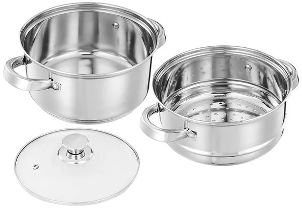 Stainless_Steel_Tri_Ply_Induction_Base_2_Tier_Multi_Purpose_Steamer/Modak_Maker_With_Glass_Lid,_18Cm,_Silver
