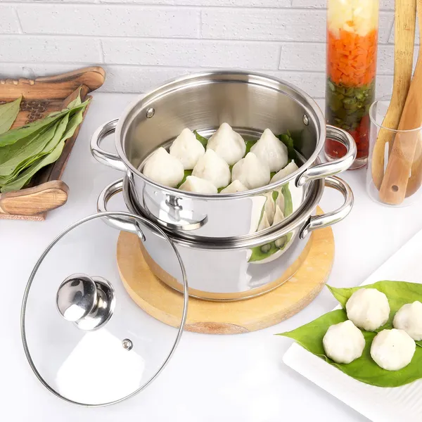 Stainless_Steel_Tri_Ply_Induction_Base_2_Tier_Multi_Purpose_Steamer/Modak_Maker_With_Glass_Lid,_18Cm,_Silver