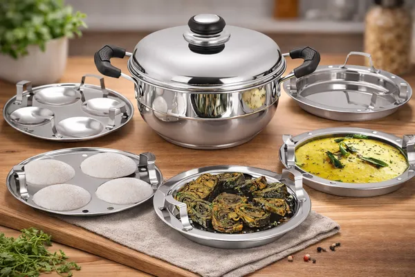 Stainless_Steel_Tri_Ply_Induction_Base_Multi_Purpose_Kadai_(20Cm)_With_Steel_Lid_And_2_Idli_Plates,_2_Dhokla_Plates,_1_Patra_Plate,_Pack,_Silver