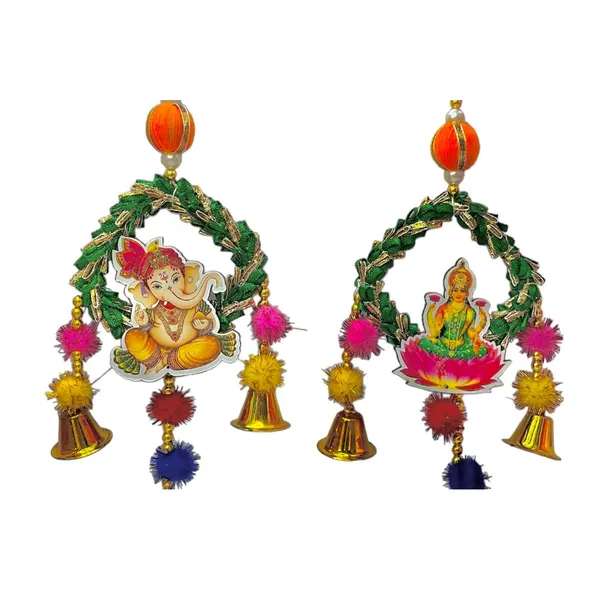 Diwali_Toran_Door_Hanging/Diwali_Decor__Mdf(Laxmi_Ganesh)_&_Golden_Beads_Artificial_Flowers_Decorative_Toran/Jhalar_For_Main_Gate,_Temple,_Pooja_Room_&_Entrance__18_X_04_Cm