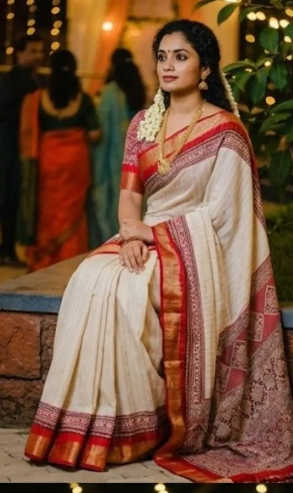 Beige_With_Red_Jute_Silk_Saree_With_Blouse_Piece_For_Women