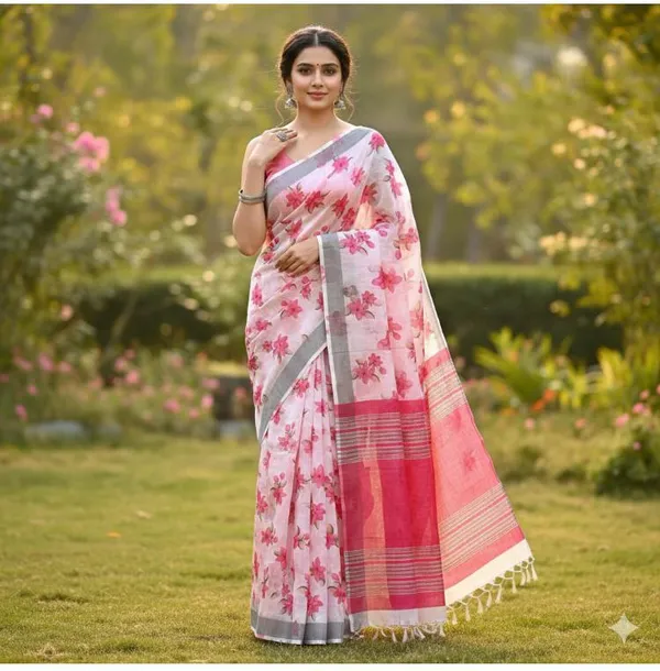 Cream_Pink_Linen_Saree_With_Blouse_For_Women_Wear_All_Occasion