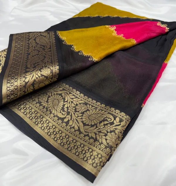 Mustard_Black_Dola_Silk_Saree_With_Blouse_Piece_For_Women_Wear_All_Occasion