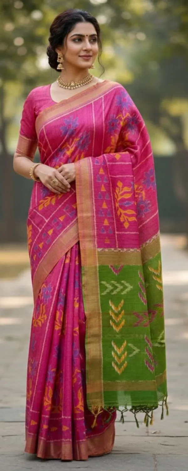 Pink_Ikkat_Silk_Saree_With_Blouse_Piece_For_Women