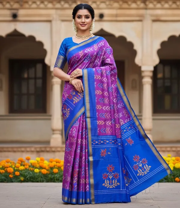 Magenta_Ikkat_Silk_Saree_With_Blouse_Piece_For_Women