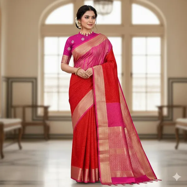 Red_With_Pink_Semi_Mysore_Silk_Saree_With_Blouse_Piece_For_Women