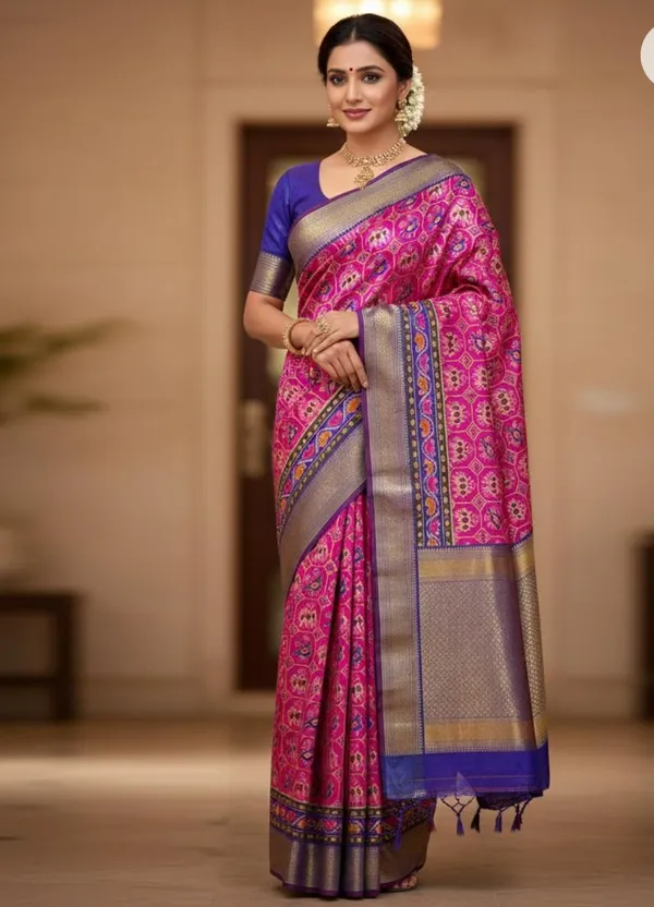 Pink_Patola_Silk_Pink_With_Blue_Saree_With_Blouse_Piece_For_Women