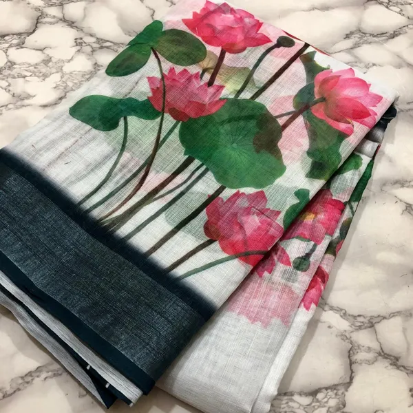 White_Pink_Lotus_Linen_Saree_With_Blouse_Piece_For_Women_Wear_All_Occasion