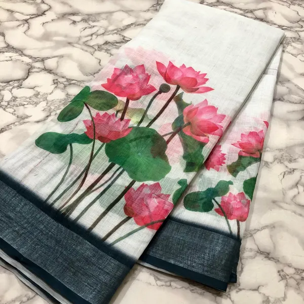 White_Pink_Lotus_Linen_Saree_With_Blouse_Piece_For_Women_Wear_All_Occasion