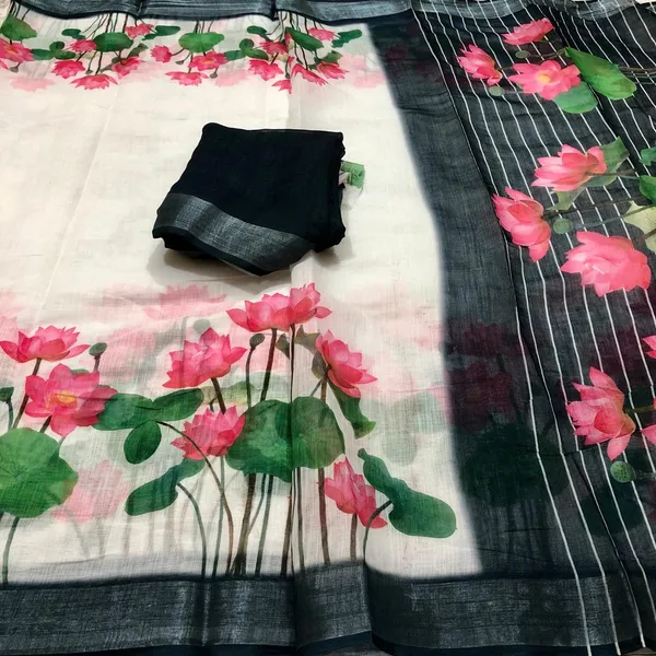 White_Pink_Lotus_Linen_Saree_With_Blouse_Piece_For_Women_Wear_All_Occasion