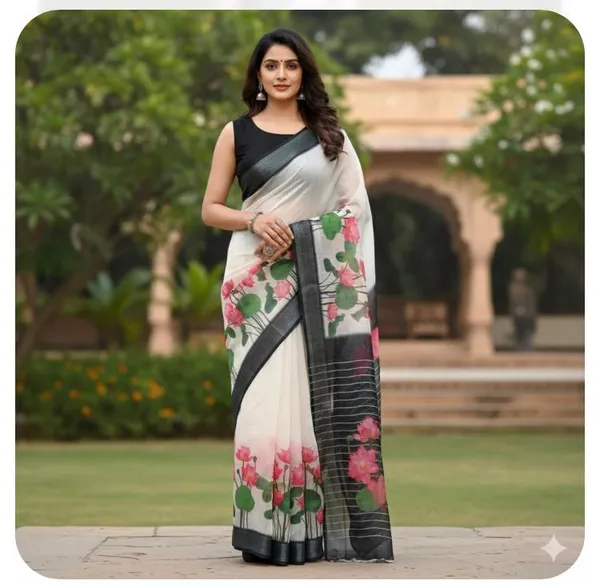 White_Pink_Lotus_Linen_Saree_With_Blouse_Piece_For_Women_Wear_All_Occasion
