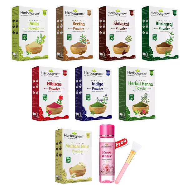 900gm_Amla_Reetha_Shikakai_Hibisucs_Bhringraj_Herbal_Henna_Indigo_Multani_Mitti_Rose_Water_120ml_Brush_Free_Each_100gm