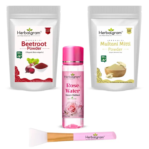 Pack_of_3_300gm_Beetroot_Multani_Mitti_Powder_Rose_water_120_ml_with_free_face_brush_for_face_pack_and_skin_brightening