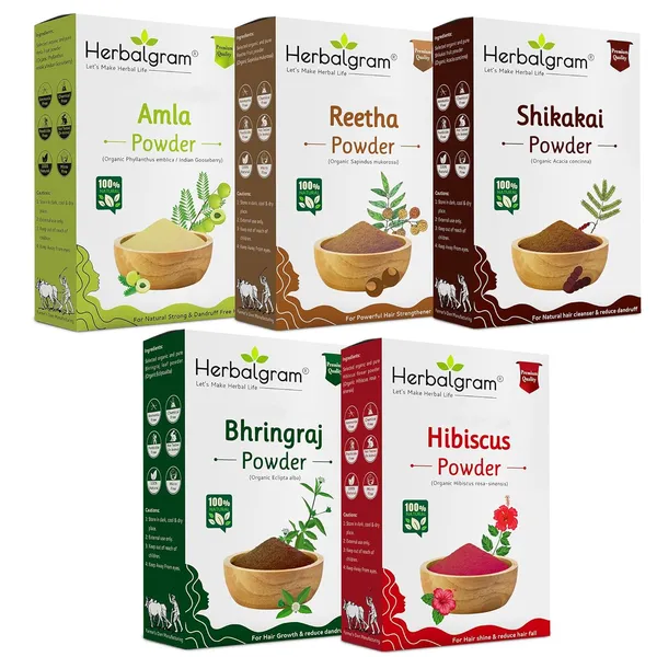 Pack_of_5__(500_G)_Amla,_Reetha,_Shikakai,_Hibiscus,_And_Bhringraj_Powder_For_Hair_Care_100%_Organic.