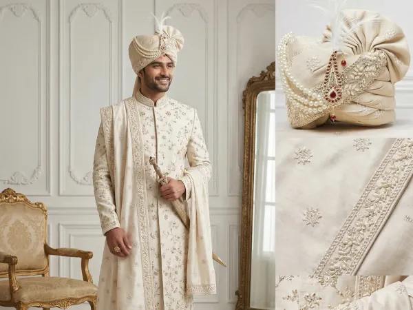 Champagne_Golden_Grooms_Pagdi_With_Mirror_Work_Safa_&_Pearl_Kalgi
