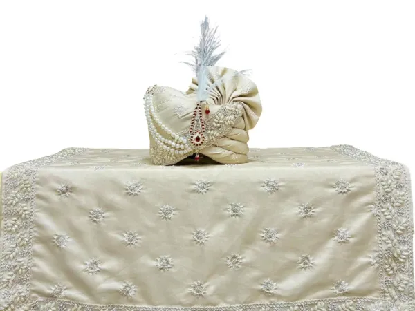 Champagne_Golden_Grooms_Pagdi_With_Mirror_Work_Safa_&_Pearl_Kalgi