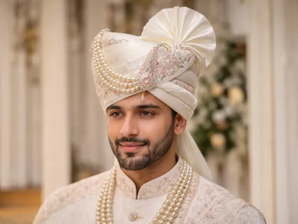White_with__Pink_Embroidered_Groom_Pagdi__Royal_Safa_with_Stone_Klagi