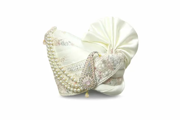 White_with__Pink_Embroidered_Groom_Pagdi__Royal_Safa_with_Stone_Klagi