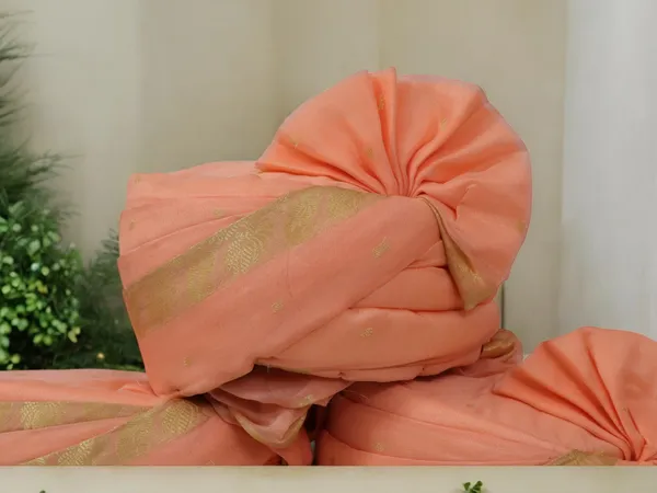 Peach_Silk_Baraati_Pagdi_With_Golden_Border_(Pack_Of_10)