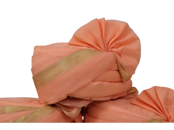 Peach_Silk_Baraati_Pagdi_With_Golden_Border_(Pack_Of_10)