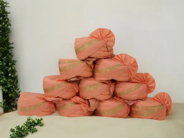 Peach_Silk_Baraati_Pagdi_With_Golden_Border_(Pack_Of_10)
