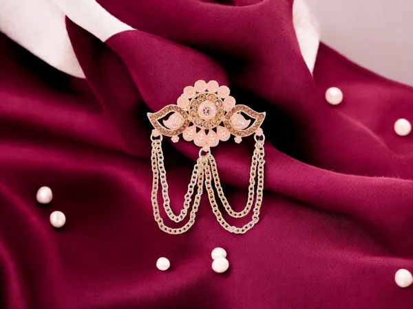 Floral_Designer_Groom's_Brooch_With_Dual_Chain_-_Peach