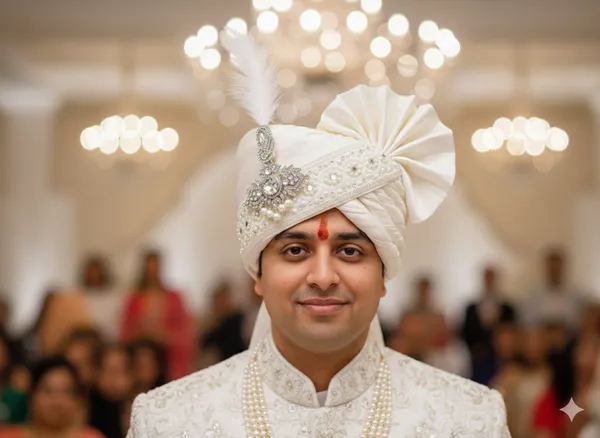 Hand-Tied)_Elegance_in_style_Groom_Pagdi_with_Embroidered_Safa_and_Pearl_Kalgi
