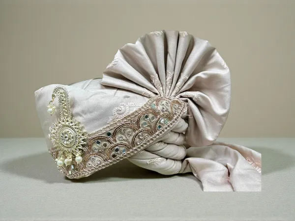 (Hand-Tied)_Champagne_Rose_Groom_Pagdi_with_Safa_and_Pearl_Kalgi