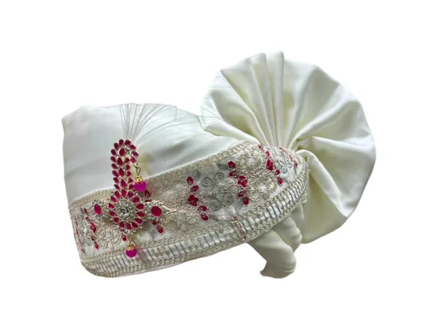 (Hand-Tied)_White_&_Ruby_Groom_Pagdi_with_Safa_and_Pearl_Kalgi