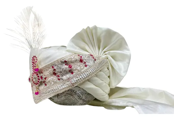 (Hand-Tied)_White_&_Ruby_Groom_Pagdi_with_Safa_and_Pearl_Kalgi