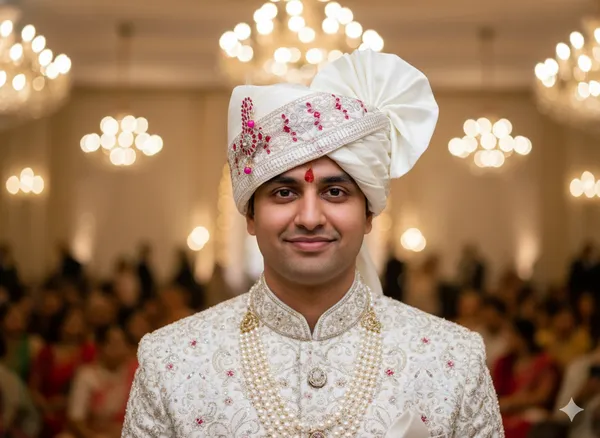 (Hand-Tied)_White_&_Ruby_Groom_Pagdi_with_Safa_and_Pearl_Kalgi