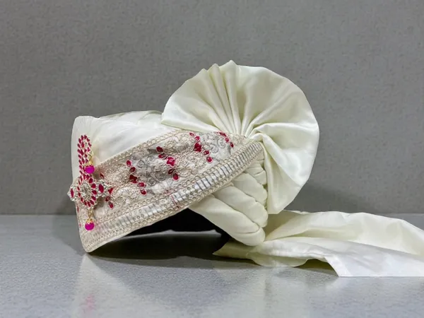 (Hand-Tied)_White_&_Ruby_Groom_Pagdi_with_Safa_and_Pearl_Kalgi