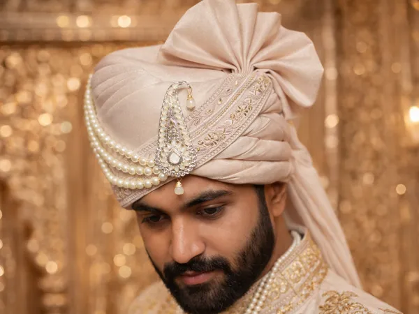 Premium_Rose_Gold_Groom_Pagdi__Regal_Satin_Safa_with_Pearl_Sarpech