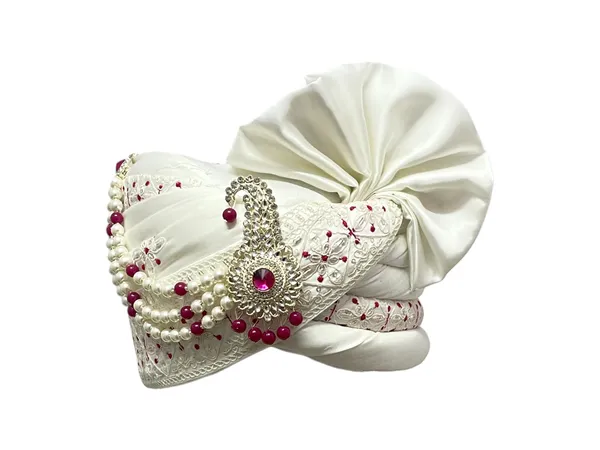 White_with_Rani_Pink_Embroidered_Groom_Pagdi_�_Royal_Safa_with_Stone_Kalgi