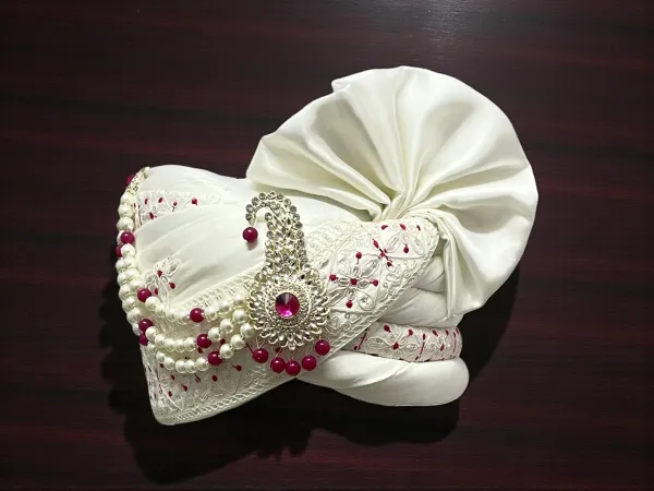 White_with_Rani_Pink_Embroidered_Groom_Pagdi_�_Royal_Safa_with_Stone_Kalgi