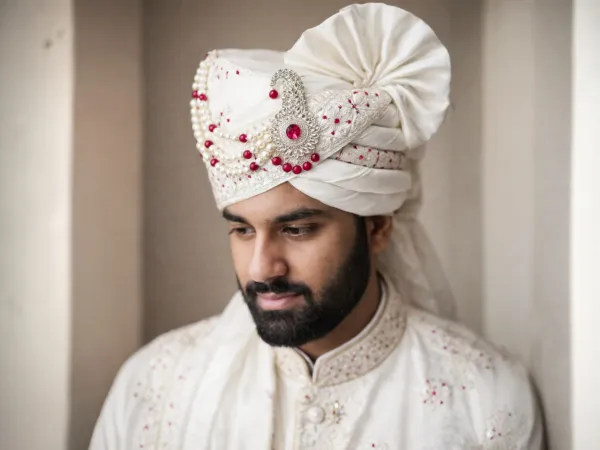 White_with_Rani_Pink_Embroidered_Groom_Pagdi_�_Royal_Safa_with_Stone_Kalgi