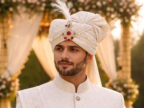 Ivory_Embroidered_Grooms_Pagdi_With_Safa_&_Pearl_Kalgi